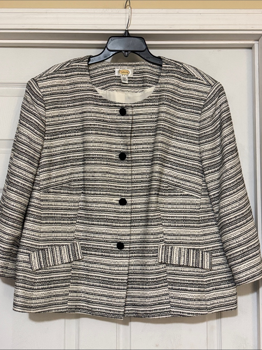 Talbots Black and White Striped Tweed Round-Neck Blazer 22W (218)